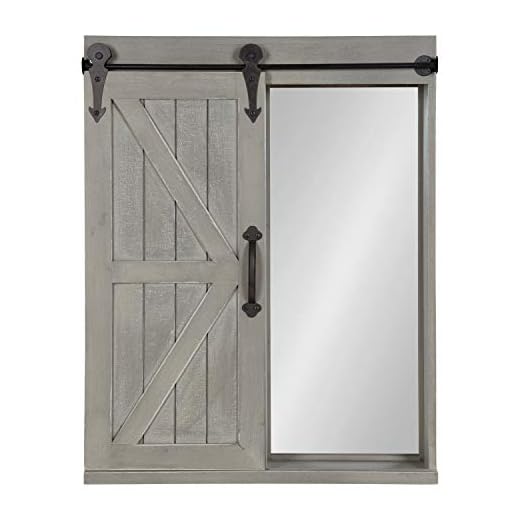 Kate and Laurel Cates Wood Wall Storage Cabinet with Vanity Mirror and Sliding Barn Door, Rustic Gray