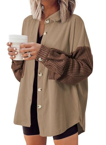Astylish Womens 2024 Corduroy Shacket Color Block Waffle Jackets Casual Long Sleeve Button Down Shirts Coat
