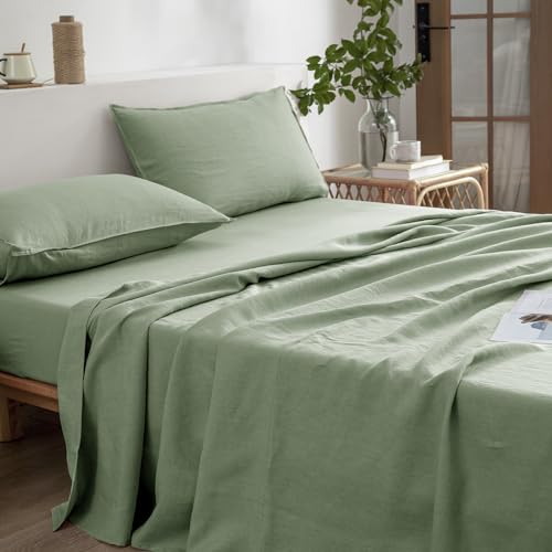 EVERLY Linen Sheets Set King Size,100% French Stonewash Pure Linen Sheets Set,4Pieces (1Flat Sheet,1Fitted Sheet,2Pillowcase) Suitable for Hot Sleepers,Deep Pocket Natural Bedding Set-Saga Green-King