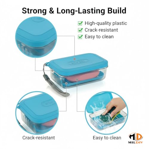 Image of Portable Self-Draining Soap Holder | Leakproof Plastic Soap Box for Bathroom, Travel, Outdoor, Camping & Home Use - Blue, Pack of 1