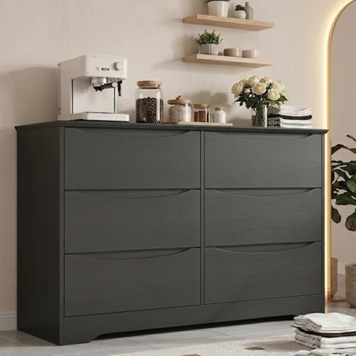 GarveeHome Wooden Dresser with 6 Drawers, Tall Modern Closet with Deep Storage, Large Chest of Drawers with Wide Top, Long Storage Dresser for Bedroom, Living Room, Hallway, Kids Room, Black