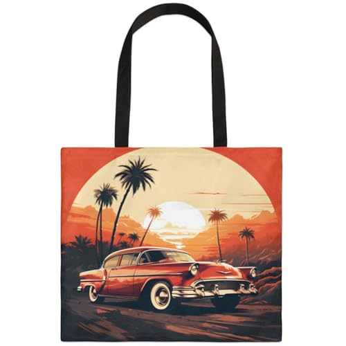 Mularoka Sunset Car Coconut Tree Square Canvas Tote Bag Top Handle Purses Stylish Women Canvas Shoulder Tote Bags Reusable Handbags for Work Travel Picnic Beach Shopping Gym Hiking