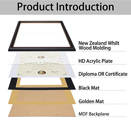 Image of ELSKER&HOME Picture Frame-Made for 2 x 8.5x11 Inch Documents or 14x20 Inch Photos with Black Mat & Golden Rim (Double Mat, Wall Mount, Wood & Plastic) | Black Mat with Golden Rim Made for Certificates&Document for 14x20 Inch Without Mat for Document Certificate