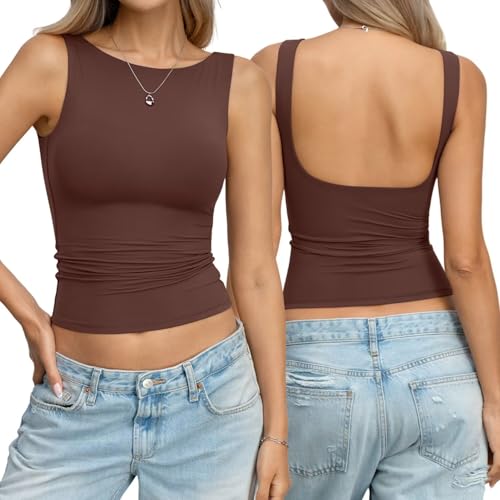 EasyGala Womens Double Lined Backless Crop Tank Tops Fitted Boat Neck Top Summer Sleeveless Going Out Cropped T Shirts Y2K Fashion Low Back Tops 2026 Brown