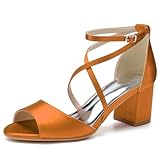 HFWXYSA Zapatos De Novia De Tacón Ancho para Mujer Punta Abierta Satén Correa En El Tobillo Sandalias De Boda,Naranja,39 EU