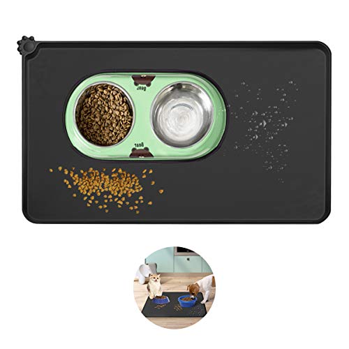 Silicone Dog Food Mat Waterproof Pet Feeding Mat Cat Water Bowl Mat Non-Slip Pet Safety Grade Silicone with Raised Edges Easy Clean Collect Food and Water Spills for Small and Medium Pets (Black)