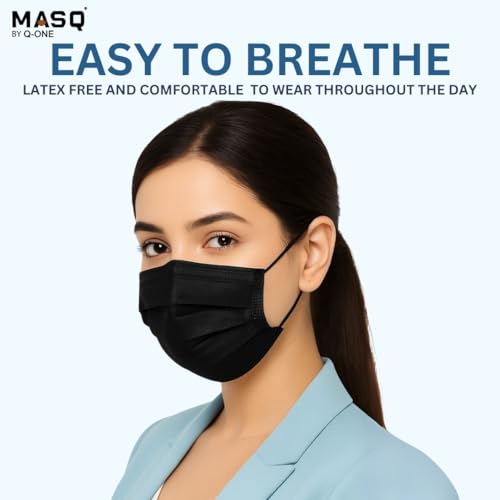 Image of MASQ By Q-One Single Use Disposable Black Face Mask, Soft on Skin, 3-ply Masks Facial Cover with Elastic Earloops and Nose Clip Great For Home, Office, School, and Outdoors