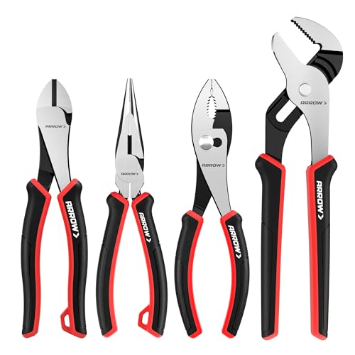 ARROW 4-Piece Pliers Set, Includes 8 Inch Diagonal, Long Nose, Slip Joint, 10 Inch Groove Joint Pliers, Ergonomic Anti-slip Handle, for Basic Repair