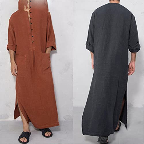 Vintage Men Islamic Arabic Jubba Thobe Long Sleeve Solid Pockets Robes2