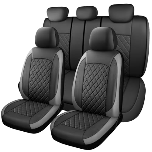 WENNFOUR Car Seat Covers Full Set,Luxury Leather Seat Covers for Cars,Automotive Waterproof Interior Seat Covers,Airbag Compatible,Universal Car Seat Cover for Most Vehicles,Truck,SUV(Black-Grey)