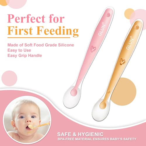 Image of GLUN Baby Feeding Spoons Pack of 2 Pink & Peach Colour, BPA Free, Feeding for Baby, Toddlers, & Children, Silicone Spoon
