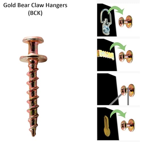 Image of Hangman Products Double Headed Bear Claw Hanger 4-in-1 Picture Hanging Screws Hooks for D-Rings, Sawtooth, Wire and Keyhole Frames up to 100LBS (100 Pack) 1 inch, Gold, BCK-100