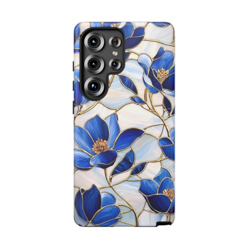 Coque vitrail bleu roi magnolias mate résistante Samsung Galaxy S25 Ultra