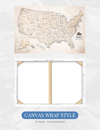 Image of IPIC - Vintage USA Canvas Wall Art, Oversize Travel Map Print for Home, Office, or Study, Push Pin Board Decor for Travel Lovers, Ready to Hang