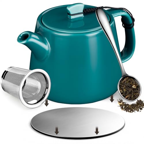 Brew To A Tea Stump Teapot with Strainer, 600ml/20.29oz Heat-Resistant Porcelain Tea Pot with Infuser, Removable Infuser Tea Pot Handmade with Stainless Steel Coaster,Navy Blue