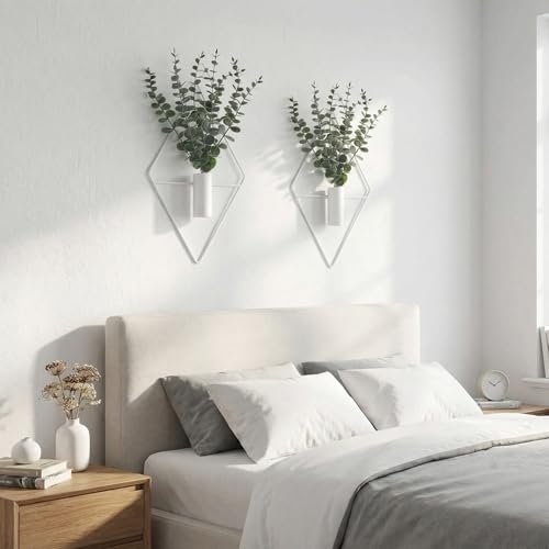 Image of Jexine Hanging Planters with Artificial Eucalyptus Metal Hanging Vase Indoor Plants Holder Modern Geometric Boho Bathroom Wall Decor for Living Room Home Office(White,4 Pcs)