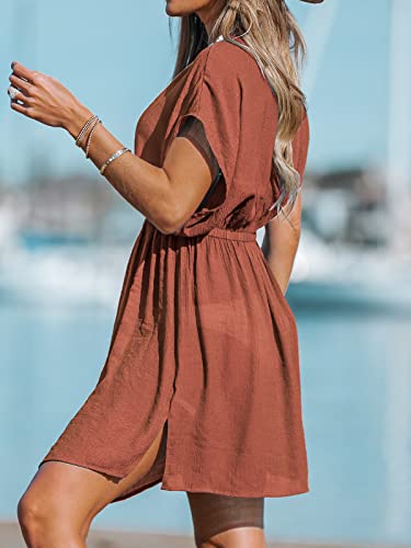 Image of CUPSHE Women's Swimsuit Coverup Casual V Neck Beach Dress Short Sleeve Elastic Waist Swimwear Cover Ups 2026 Beachwear