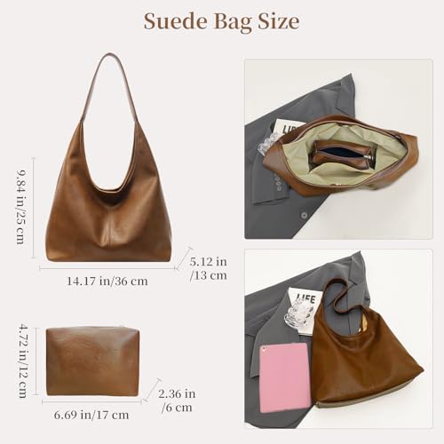 Image of Leather Hobo Bags for Women Slouchy Tote Bag Retro PU Leather Purse Soft Shoulder Handbags Large Work Tote Bag 2pcs