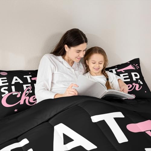 Image of Feelyou Pink Eat Sleep Cheer Comforter Set Toddler Size for Girls Boys Cheerleader Comforter Gymnastics Dancing Lovers Bedding Set Girls Cheerleading Sports Duvet Set Quilt Set