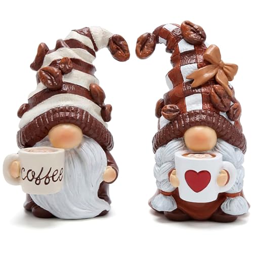 Hodao 2PCS Coffee Gnome Figurines with Mug Coffee Bar Accessories Resin Statues for Kitchen Tiered Tray & Farmhouse Shelf Indoor Outdoor Home Decor Unique Gnome Gift for Women