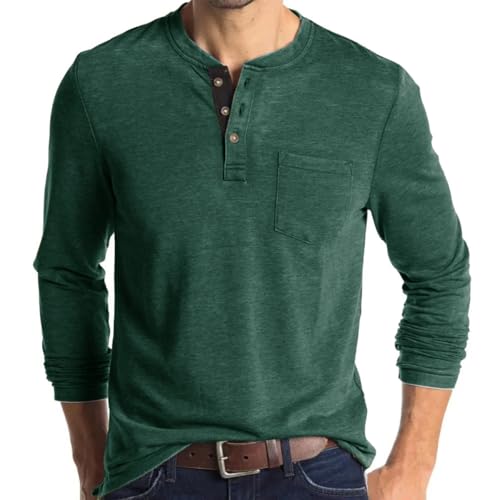 INGORINA Camisetas Henley para hombre, casual, manga larga/corta, de algodón, con botones, con bolsillo, verde, (01 Green), Large