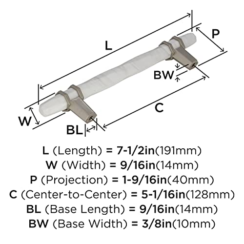Image of Amerock | Cabinet Pull | Marble White /Satin Nickel | 5-1 /16 inch (128 mm) Center to Center | Carrione | 1 Pack | Drawer Pull | Drawer Handle | Cabinet Hardware | 5-1 /16 inch (128mm) Center-to-Center Mounting Distance and 7-1 /2 inches Overall Length, Durable Zinc Cabinet Hardware