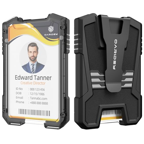 Oaridey Badge Holder/ID Card Holder/Portable Travel Wallet with Manganese Steel Clip, Heavy Duty Vertical Clear ID Holder for Work ID, Credit Cards- Black Genuine Leather