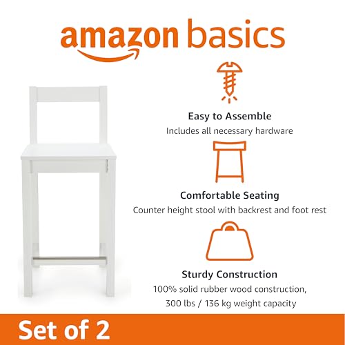 Image of Amazon Basics Wooden Counter Height Bar Stool with Backrest for Kitchen Island, 24 inch, White, Set of 2