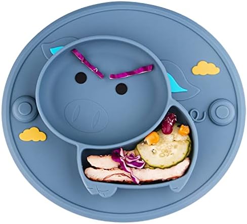 Baby Divided Plate Placemat Silicone- Portable Non Slip Child Feeding Suction Plate for Children Babies and Kids BPA Free Baby Dinner Plate Microwave Dishwasher Safe (Bijou Blue)