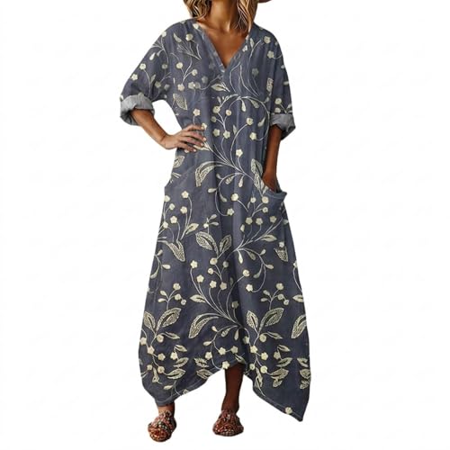 Vestidos Verano Mujer Vestido Holgado de Manga Larga, Estilo túnica Midi Informal y, Ideal para la Playa o el Verano. (Navy, XXL)