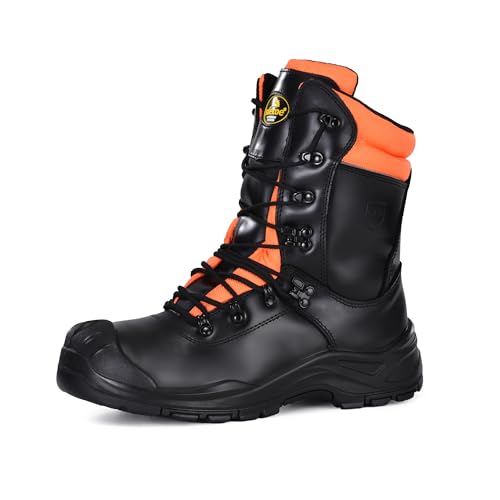 SAFETOE Sicherheits-Kettensäge Schnittschutzstiefel Klasse 1 mit echter Kuh Heavy Duty Stahlzehe Leder Memory Foam Einlegesohlen Holzschnitt Baustellenarbeiten