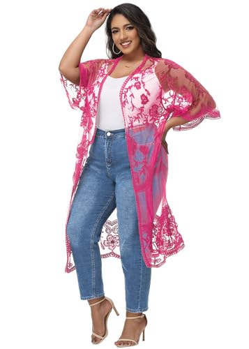 Image of Anna-Kaci Women's Plus Size Lace Cardigan Embroidered Long Kimono Dusters with Half Sleeves