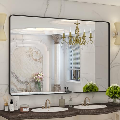 CHAMROR 55x36 Inch Black Metal Framed Bathrrom Mirror for Wall, Black Rounded Rectangle Mirror, Matte Black Bathroom Vanity Mirror, Anti-Rust, Tempered Glass, Hangs Horizontally or Vertically