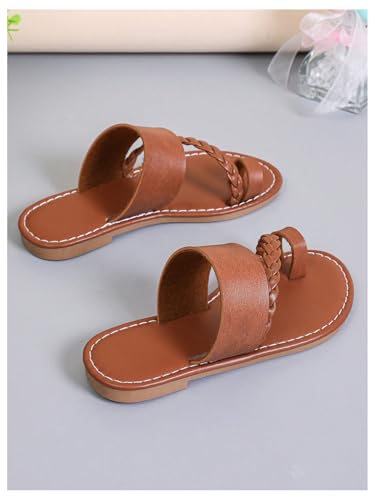 GORGLITTER Girl's Strappy Leather Flats Sandal Cute Braided Dressy Toe Ring Slip on Slide Sandals4