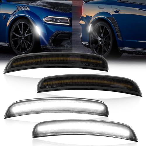 YEHERIT White LED Side Marker Lights Compatible with Dodge Charger 2015-2023 Front & Rear Bumper Smoked Lens Reflector Lamps Replace# 68214405AA 68214404AA 68214127AA 4PCS