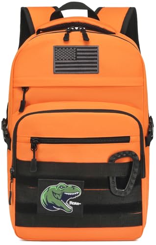 Mochila tática infantil Army Molle, mochila militar para meninos, para escola, atividades ao ar livre, acampamento (inclui 2 adesivos + 1mosquetão), Laranja, Standard, Mochila tática infantil