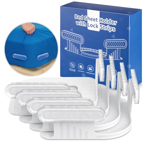 EDCREATY Bed Sheet Holder with Lock Straps, Heavy Duty Corner Fitted Bedsheet Fasteners with Strips for Most Size Mattress, No More Loose Sheets, Keep Sheets Firm and Tight, Easy Installation(Clear)