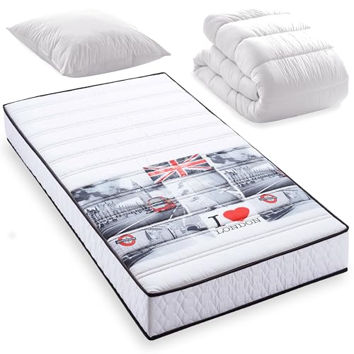 BLUE MOON Pack Bridge Matelas Mousse London 90x190 + 1 Couette + 1 Oreiller. Mousse profilée 5...