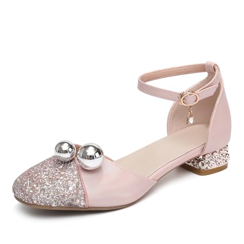 YCALCP Little Kids Girls Dance Shoes Sparkle Dress Pumps Glitter Sequins Princess Low Heels Bows Mary Jane Party Dance Shoes Rhinestone Sandals, DS-1868-Pink-3cm, 13 M