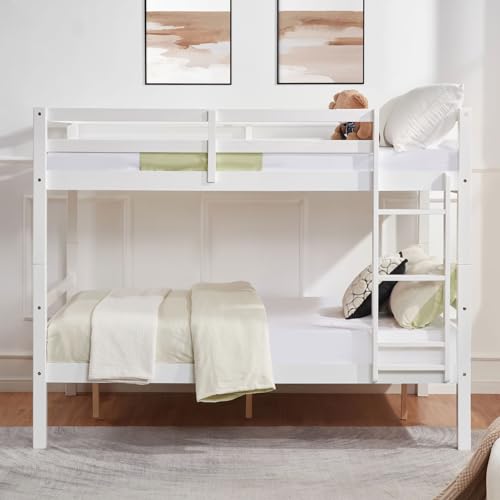 Image of Softa Full Over Full Bunk Bed with High Guardrail and Ladder,Wooden Bunk Bed with High Guardrail and Ladder for Kids, Teens, Dorm Rooms, and Guest Rooms,No Box Spring Needed,White