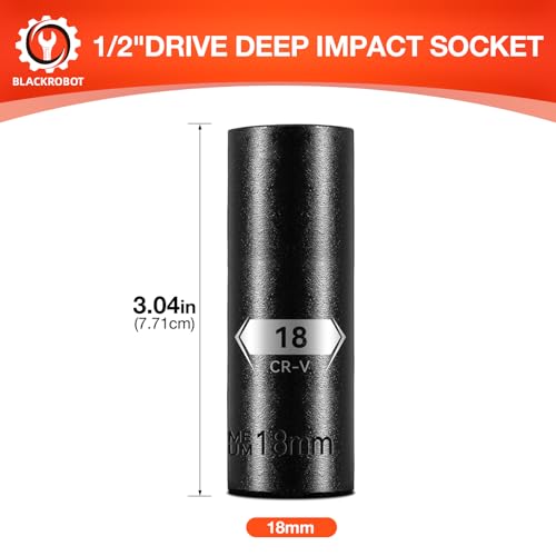 Image of BLACKROBOT 1 /2 Inch Drive 6-Point Deep Socket, 18mm Deep Impact Socket, CR-V Steel