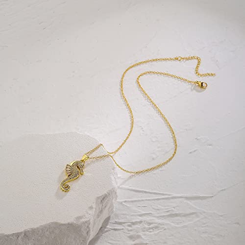 18K Gold Plated CZ Zircon Seahorse Pendant Necklace For Women 17.7"+2"4