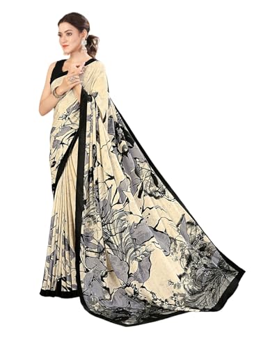 Image of SIRIL Women's Crepe Silk Printed Saree with Unstitched Blouse Piece