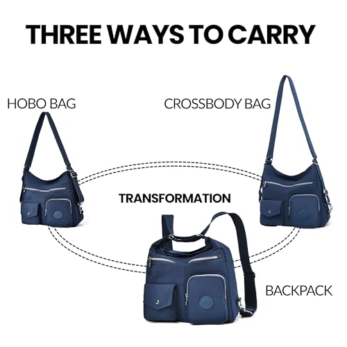 Image of Hobo Purse for Women, Nylon Crossbody Shoulder Handbag Convertible Backpack | Waterproof fabric, built-in anti-theft RFID pocket, multipurpose daily casual handbag