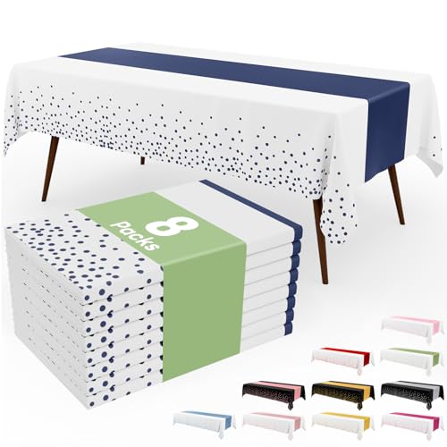 Image of Smiry Plastic Table Cloth Disposable 8 Pack, 54 x 108 Inch Rectangle Waterproof Tablecloth, Printed Gold Table Runner Style for Birthday Weeding, Party Decorations, Leakproof & Sturdy, White and Navy