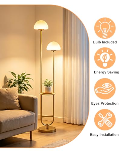 Image of 2-Light Gold Dimmable Floor Lamp with Table, Modern Floor Lamps for Living Room, 3000K Warm White Tall Standing Lamp with Mushroom Shades & Bulbs for Bedroom /Office