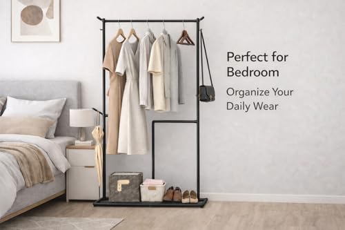 Image of Raawan Heavy Duty Double Rod Clothes Rack with Side Storage Shelves | Metal Garment Stand Organizer | Space Saving Cloth Hanger Stand for Bedroom, Living Room & PG (1 LAYER SM BLACK)