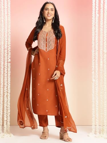 Image of GoSriKi Women's Cotton Blend Embroidered Kurta Set with Pant & Dupatta - Straight Calf‑Length, 3 /4 Sleeve, Round Neck - Elegant Ethnic Attire (5 Colors, S-5XL)