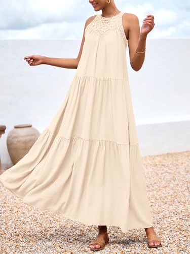 Image of BTFBM Halter Summer Dresses for Women 2026 Casual Spring Hollow Out Sleeveless Boho Sundresses Beach Vacation Maxi Dress