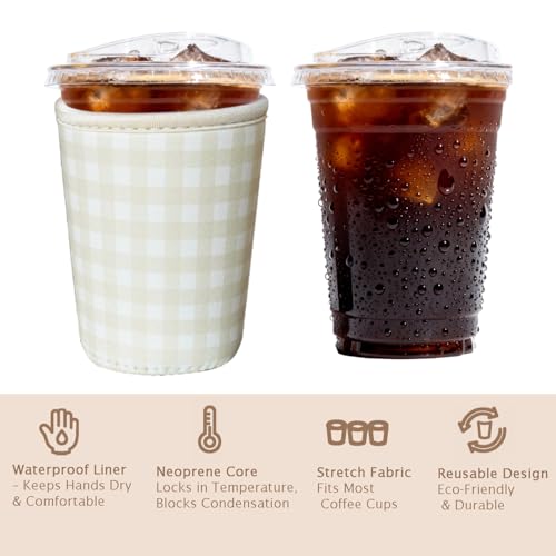 Image of Reusable Insulated Sleeve for Iced Coffee Cup, 3-Pack Coffee Neoprene Drink Sleeve for Cold & Hot Drinks, Beverage Holder for Iced Coffee (Beige Gingham)